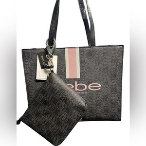 Bebe Tote Bag Laptop bag with Pouch Signature Monogram Black Pink NWT